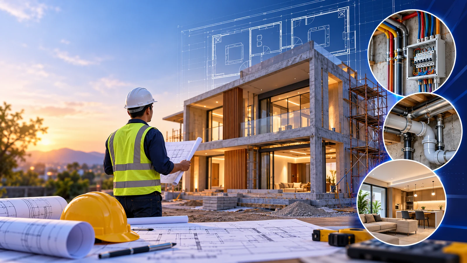 Illustrative scene of house planning, residential construction, electrical panels, and plumbing installations