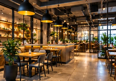 Restaurant interior with ceiling lighting and seating